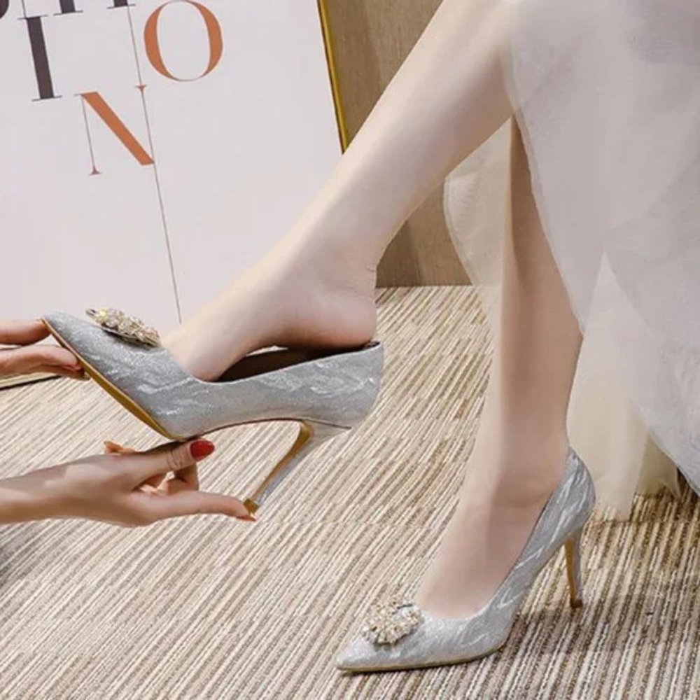 Women's Diamond Pointed Toe Satin High Heels Shoes